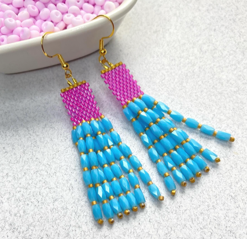 Blue Dangle Beaded Earrings
